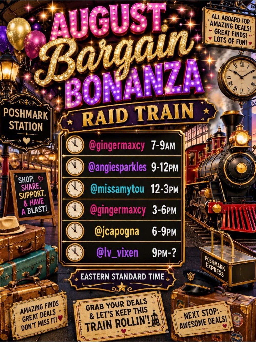 August Bargain Bonanza Raid Train Graphic Poster - Vibrant Gold & Purple